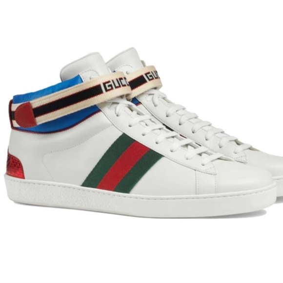 GUCCI Stripe Ace High Top miro soft leather Mens shoes white/multicolor size 10 - Picture 2 of 15